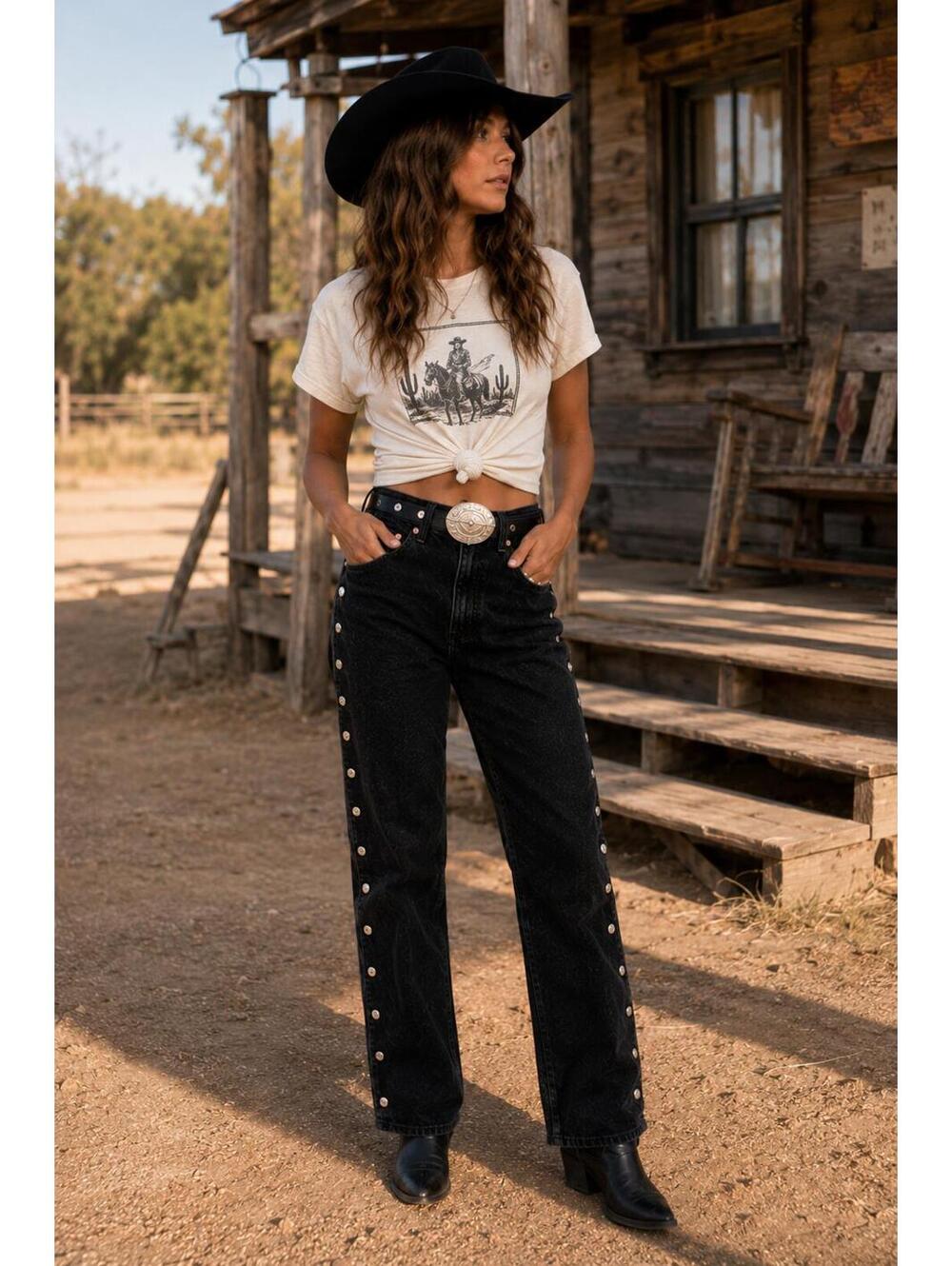 Lawman Western Jeans Black Studded Side Detail High Rise Vintage Y2K Size 7